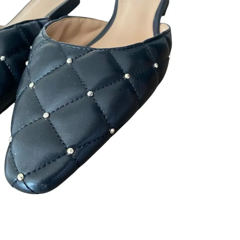 INC International Concepts Black Faux Leather Quilted Studded Mule Flats size 9